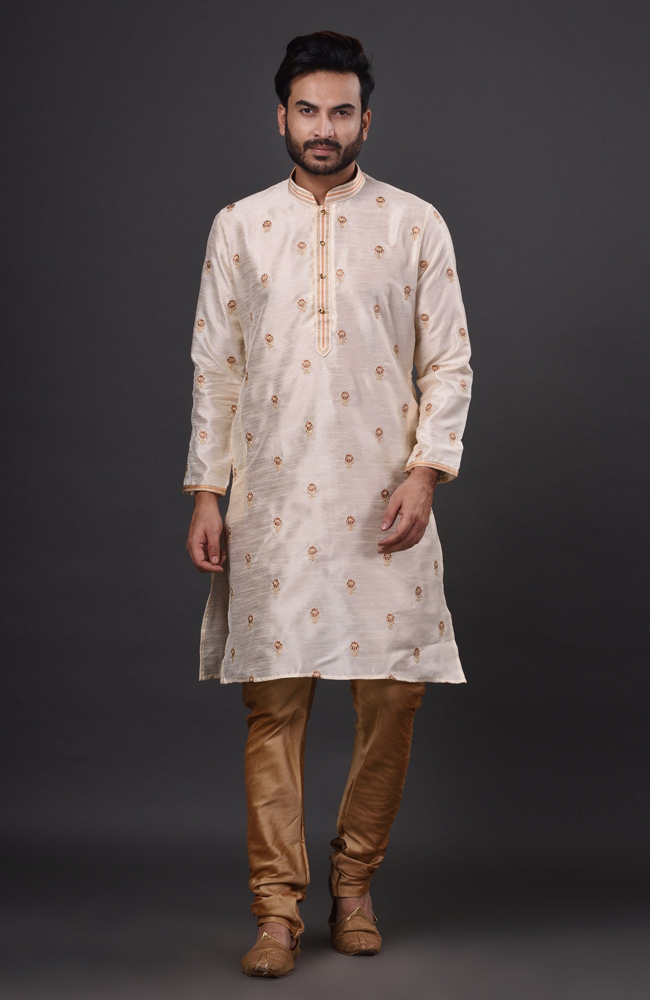 HAMSAFAR Men’s Off White Dupion Silk Party Wear Kurta