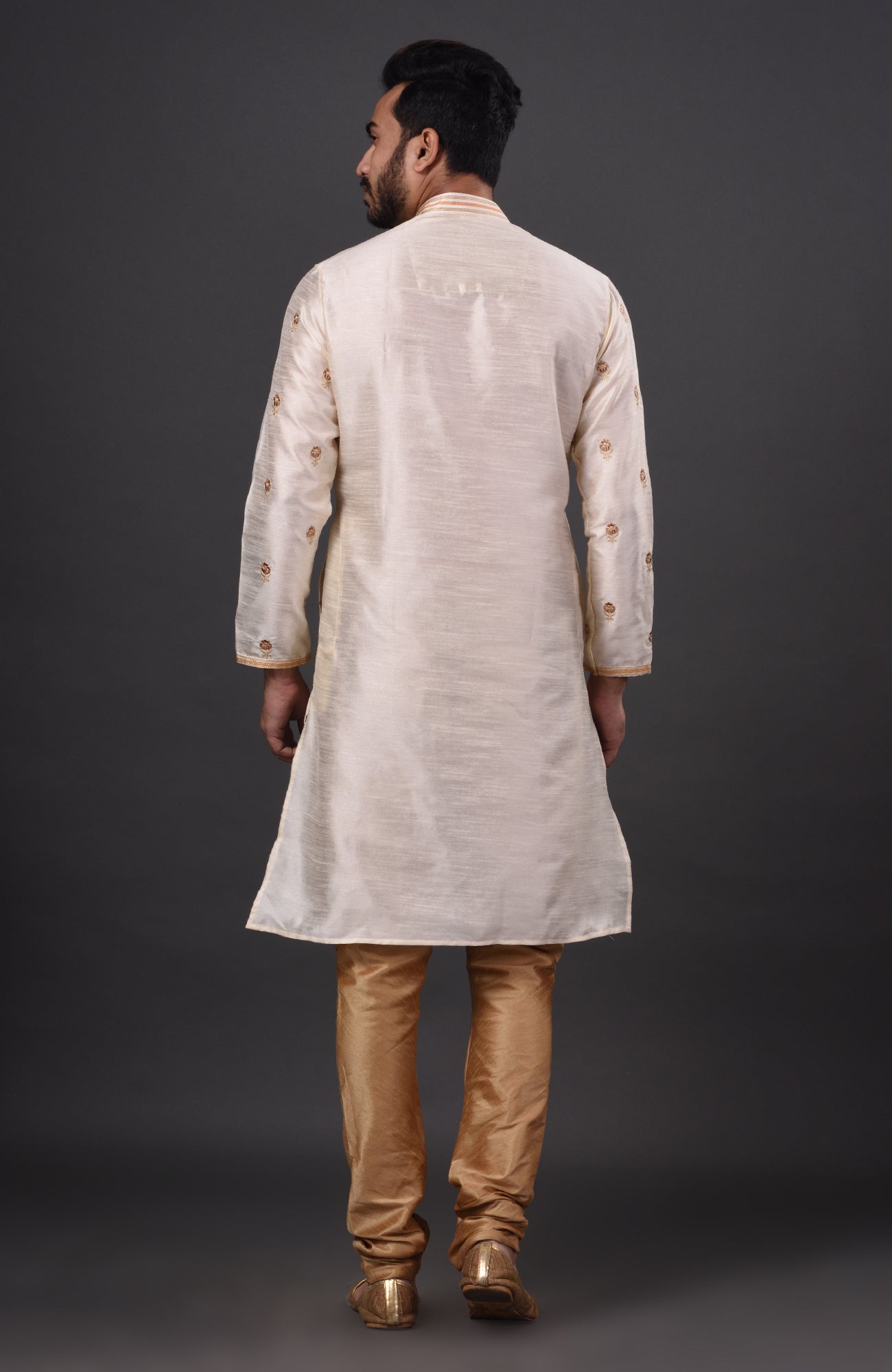 HAMSAFAR Men’s Off White Dupion Silk Party Wear Kurta