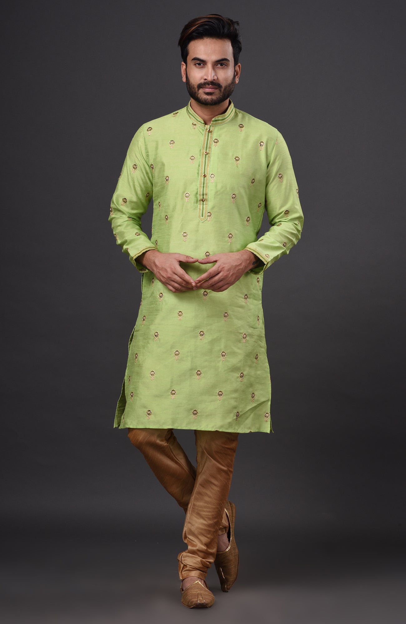 HAMSAFAR Men’s Light Green Dupion Silk Party Wear Kurta