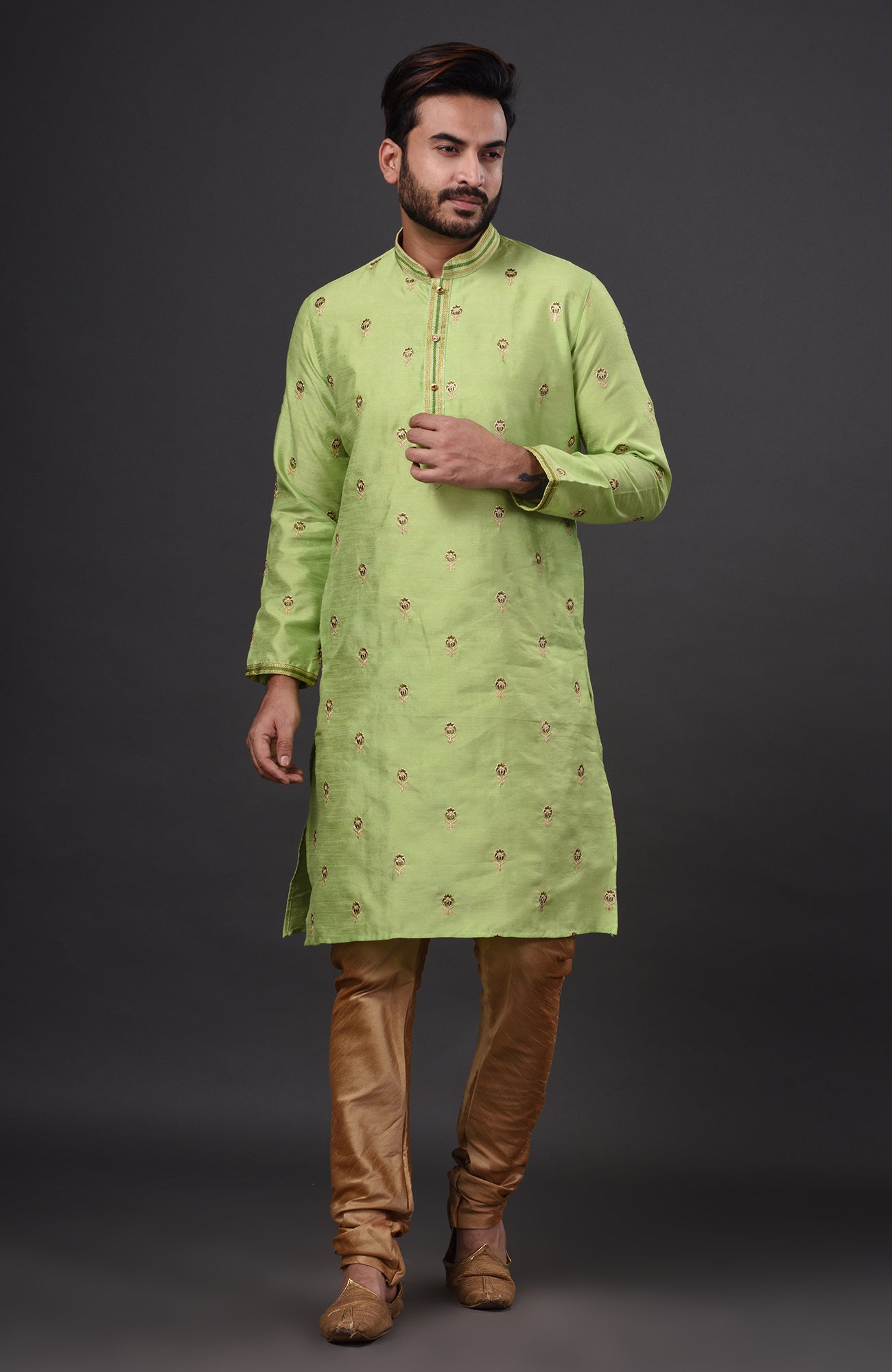 HAMSAFAR Men’s Light Green Dupion Silk Party Wear Kurta