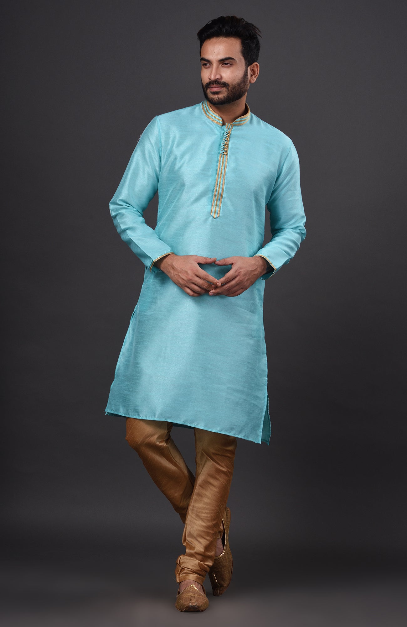 HAMSAFAR Men’s Sky Blue Silk Casual Kurta