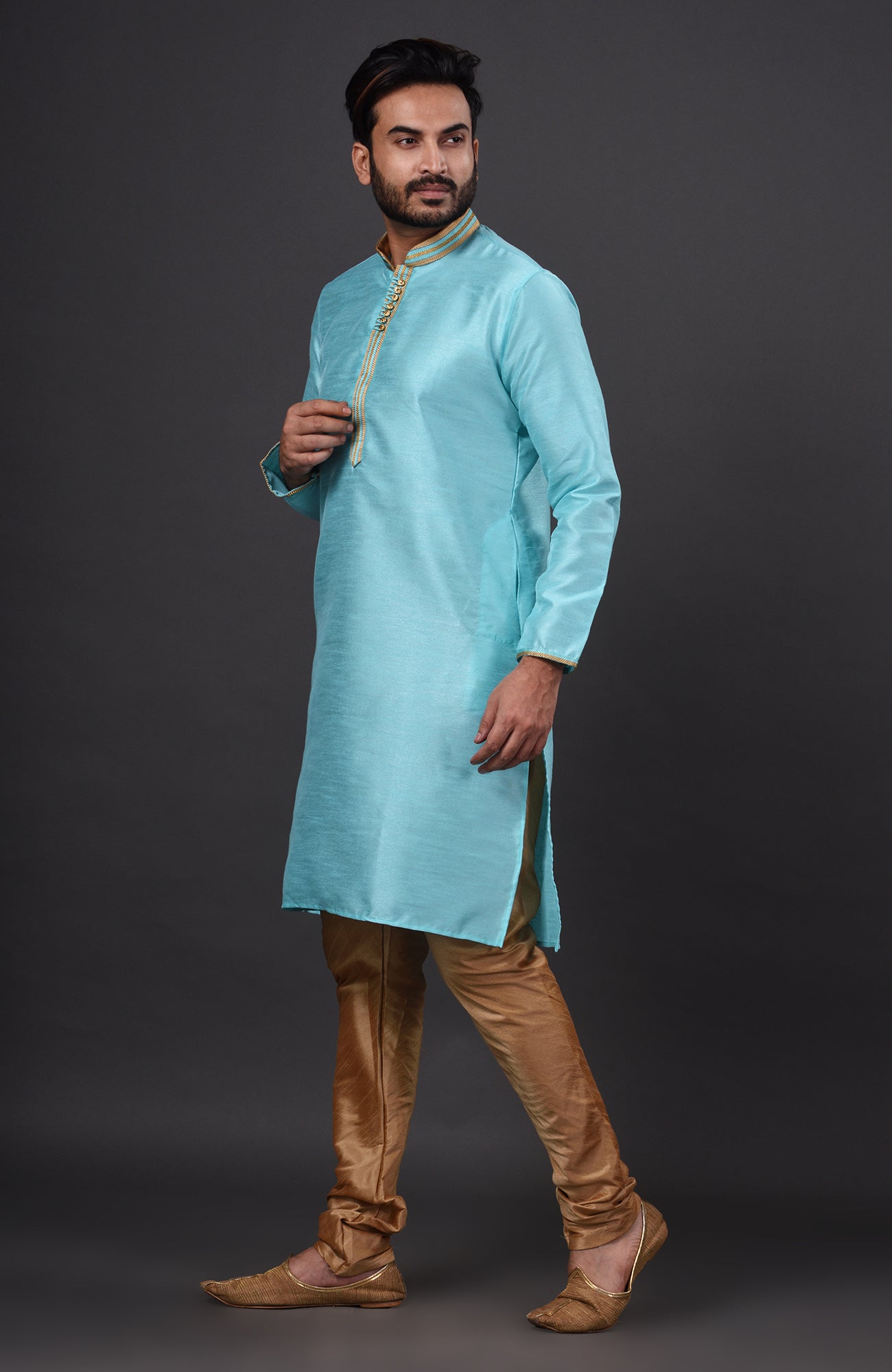 HAMSAFAR Men’s Sky Blue Silk Casual Kurta