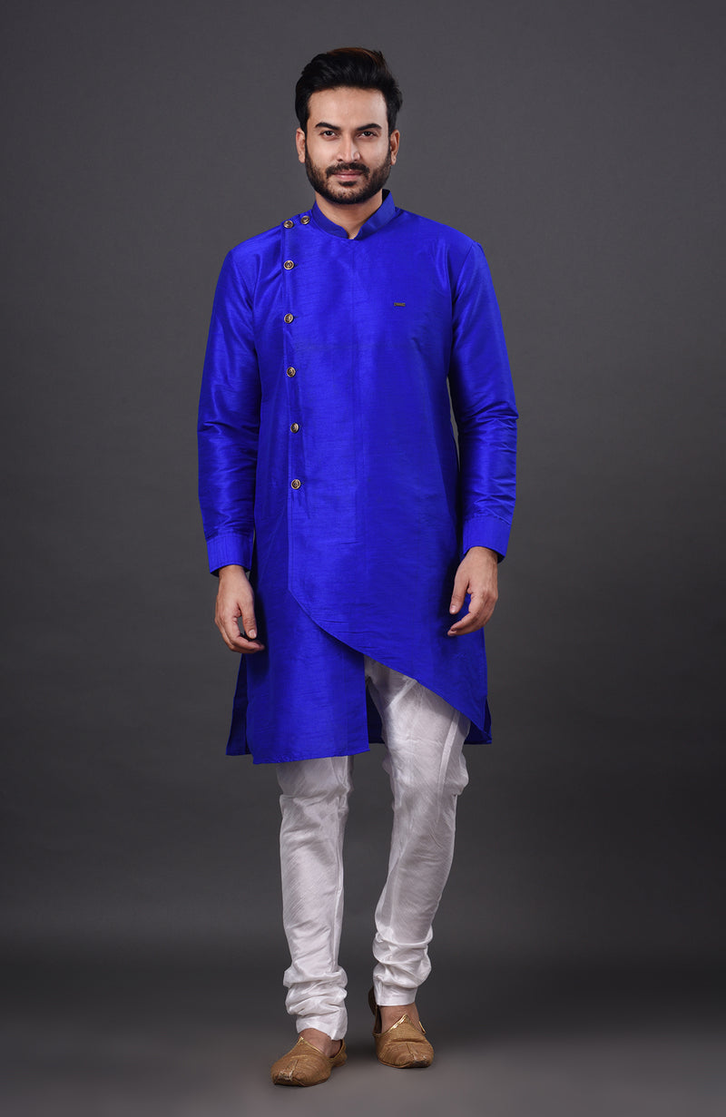 HAMSAFAR Men’s Navy Blue Dupion Silk Designer Wear Kurta