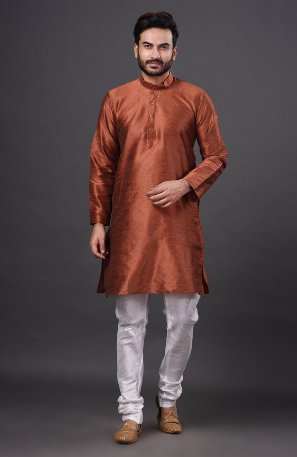 HAMSAFAR Men’s Caramel Brown Dupion Silk Kurta