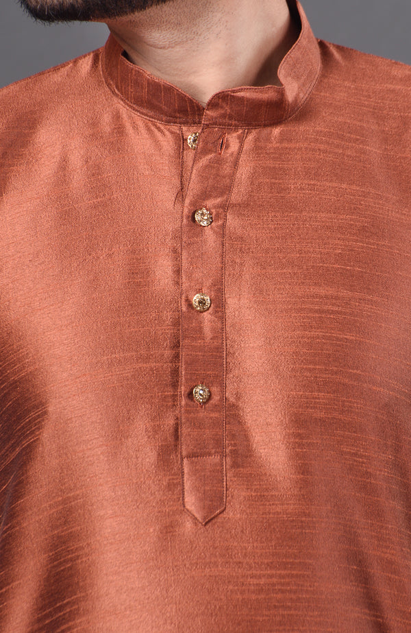 HAMSAFAR Men’s Caramel Brown Dupion Silk Kurta