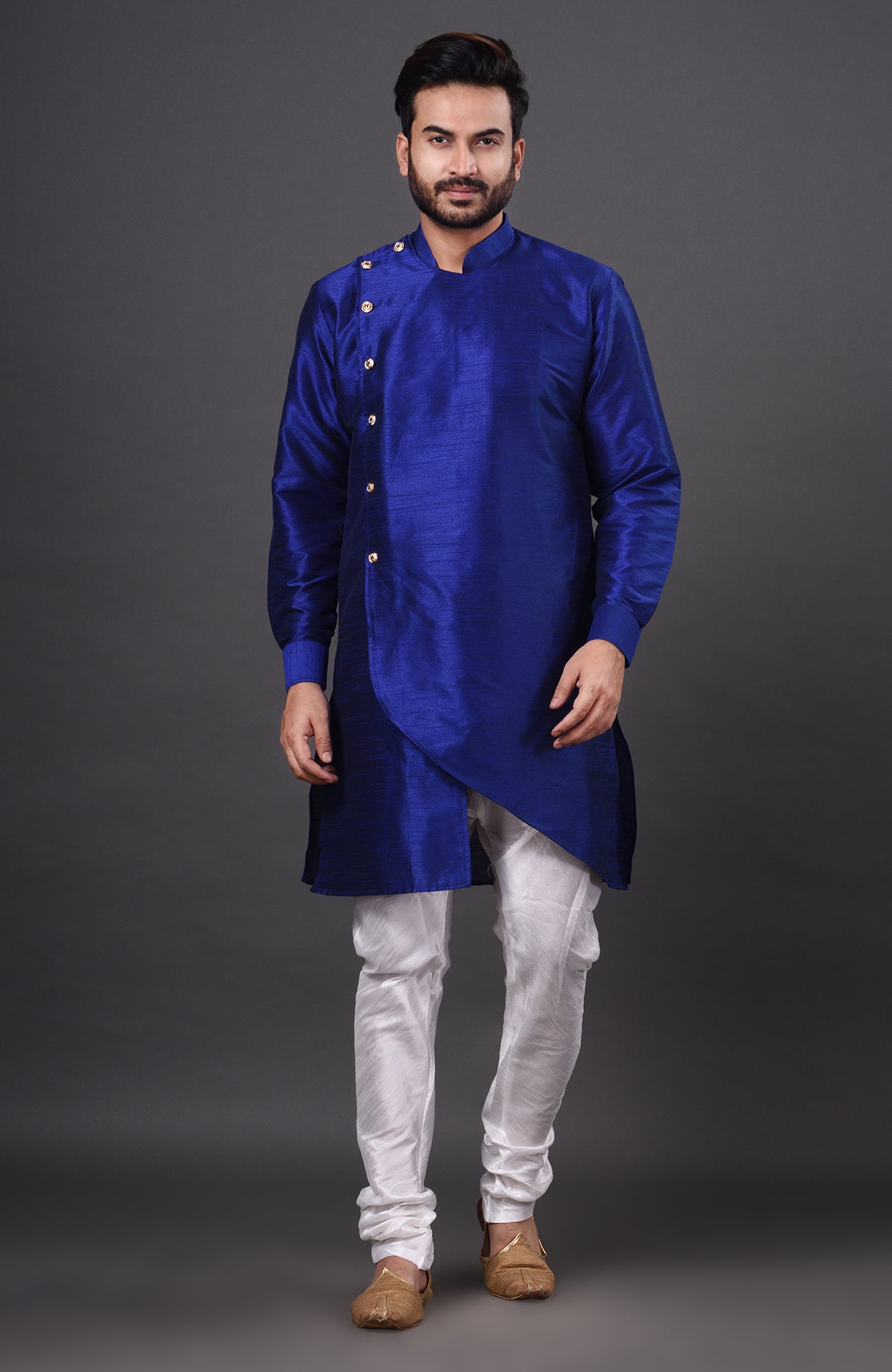 HAMSAFAR Men’s Dark Blue Dupion Silk Designer Wear Kurta