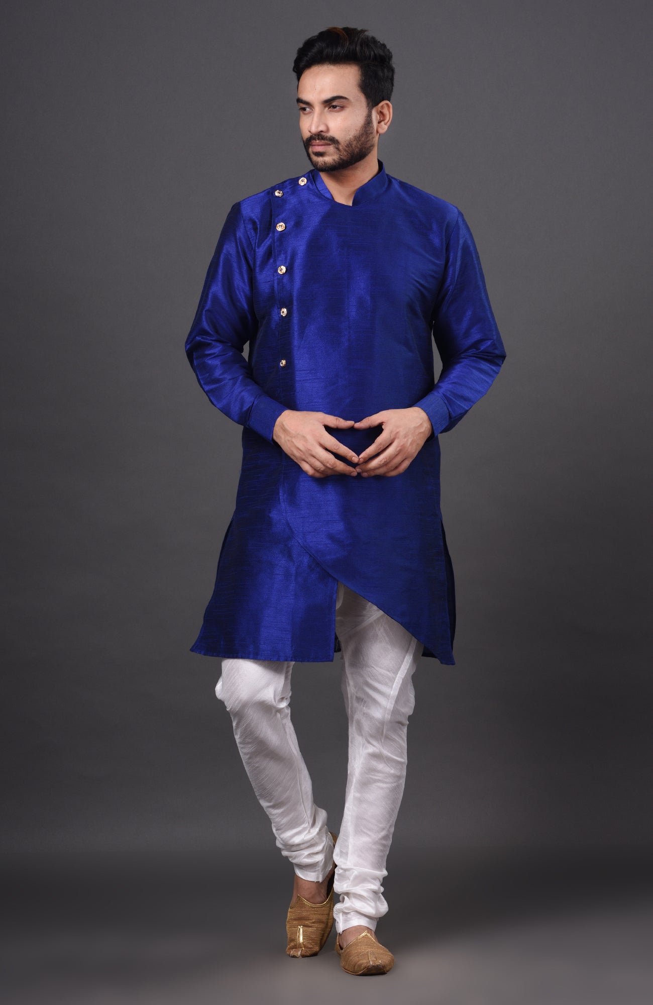 HAMSAFAR Men’s Dark Blue Dupion Silk Designer Wear Kurta