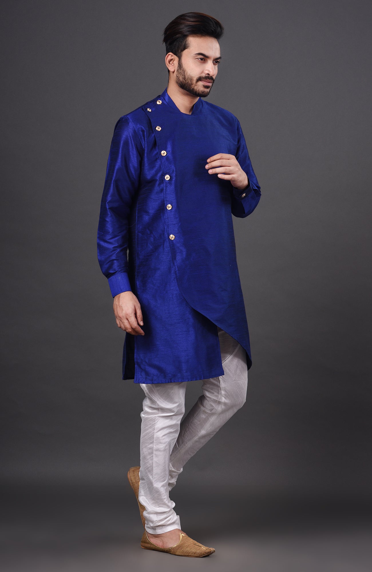 HAMSAFAR Men’s Dark Blue Dupion Silk Designer Wear Kurta