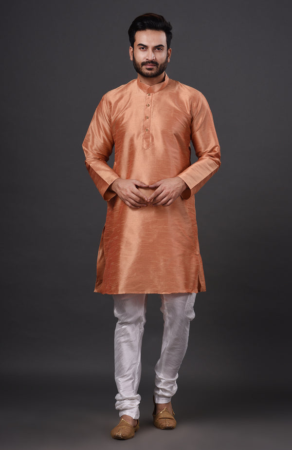 HAMSAFAR Men’s Cantaloupe Dupion Silk Kurta