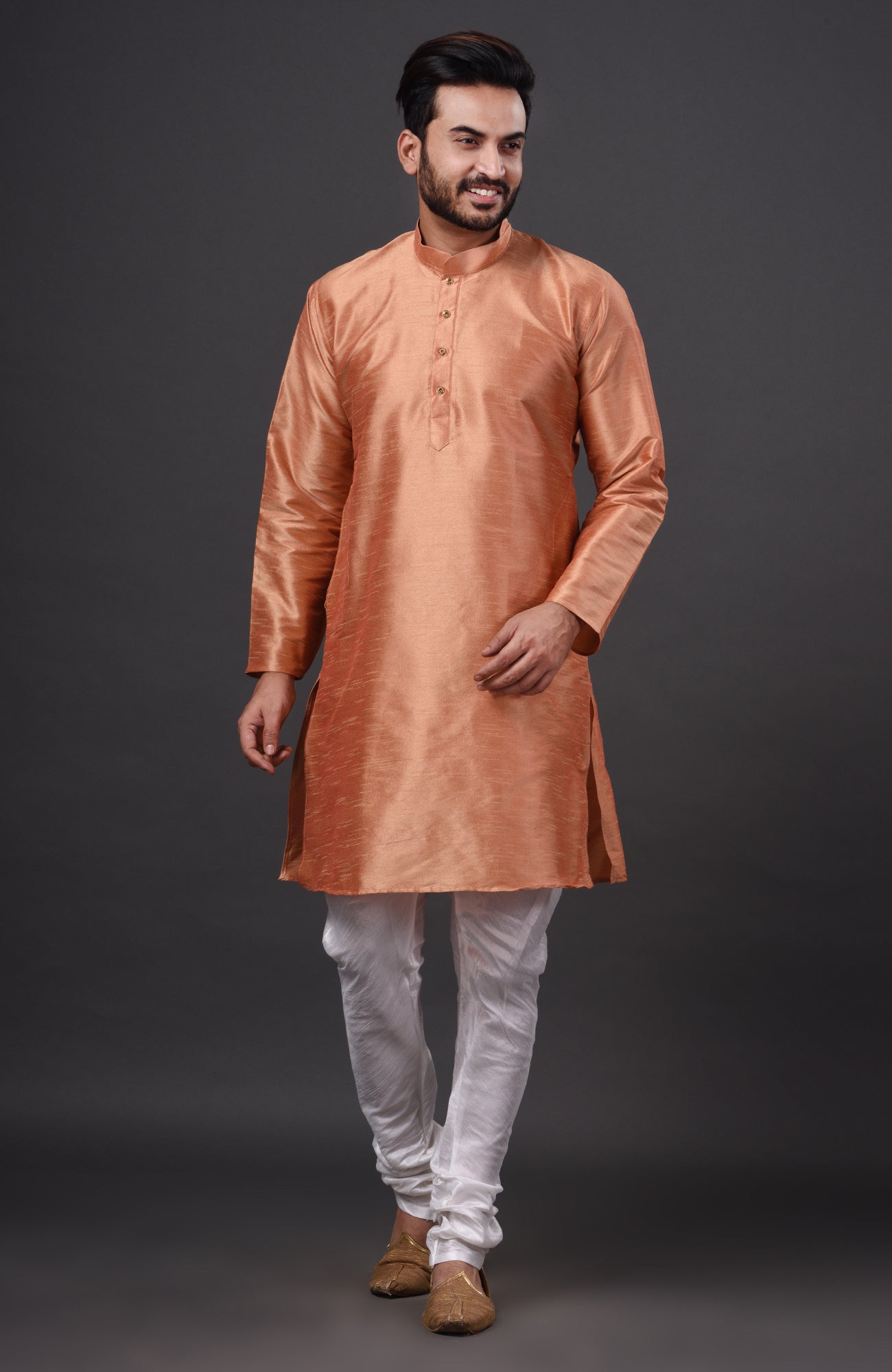HAMSAFAR Men’s Cantaloupe Dupion Silk Kurta