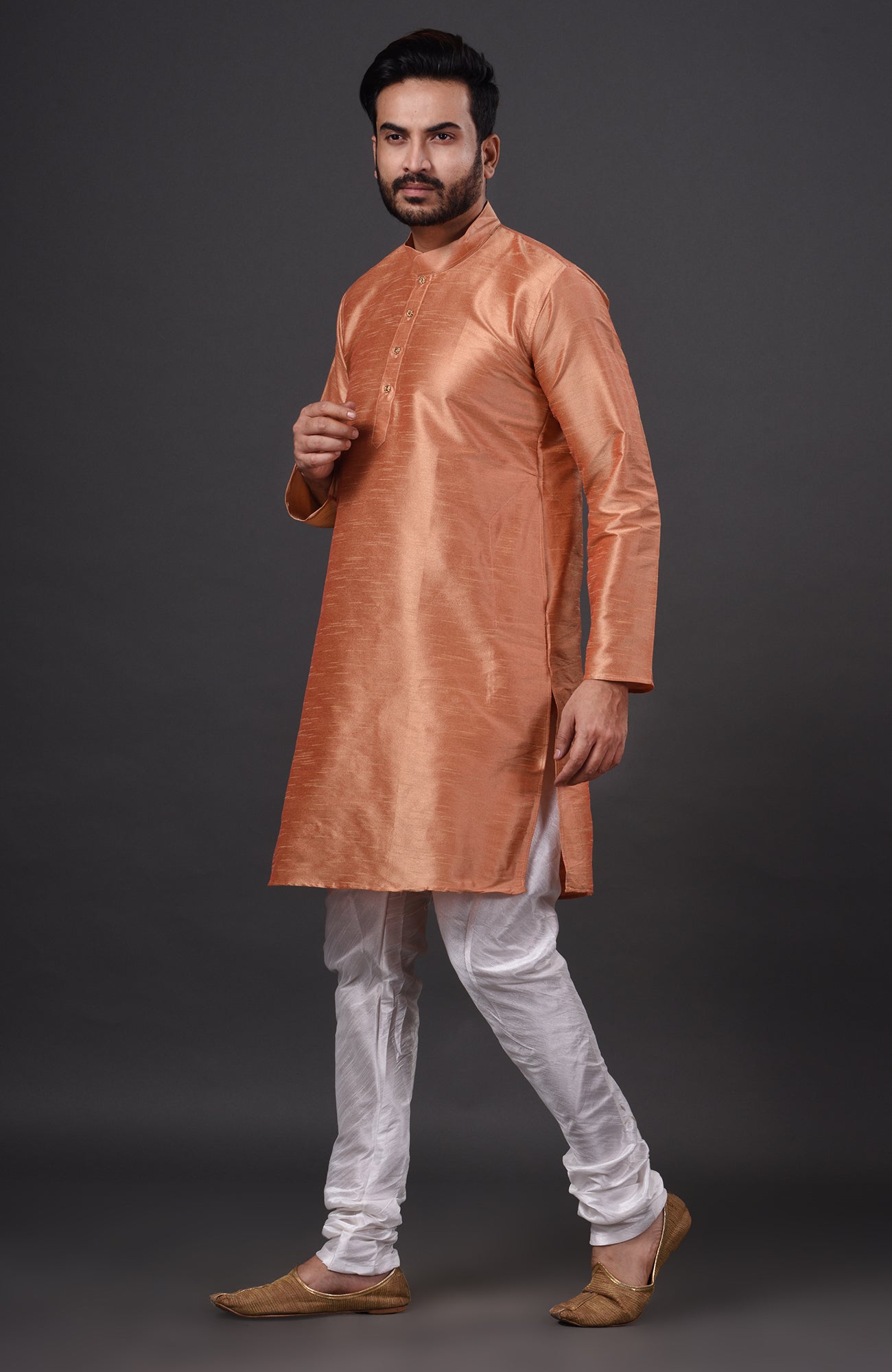 HAMSAFAR Men’s Cantaloupe Dupion Silk Kurta