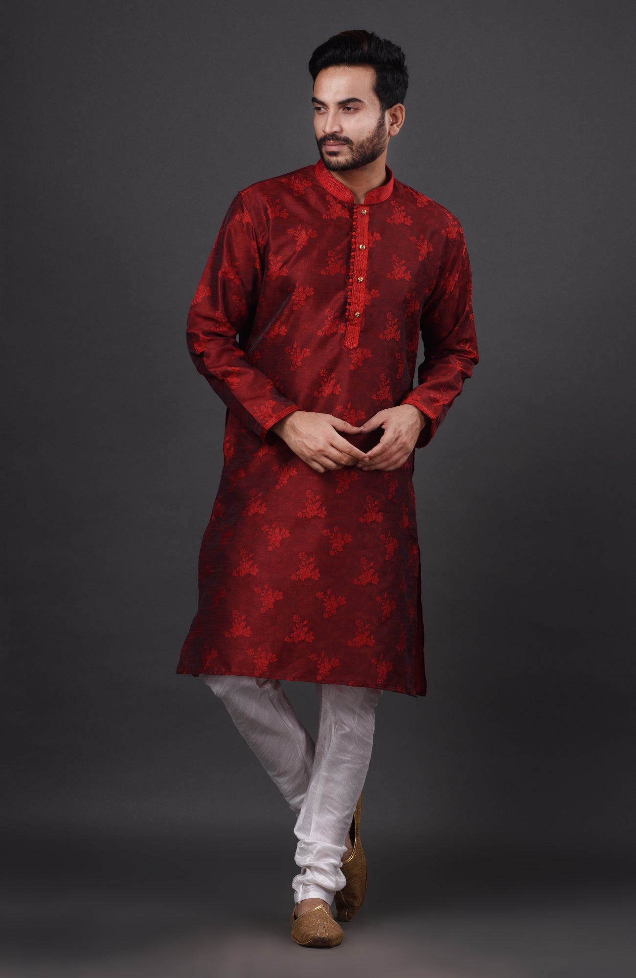 HAMSAFAR Men’s Dark Red Polyester Party Wear Kurta