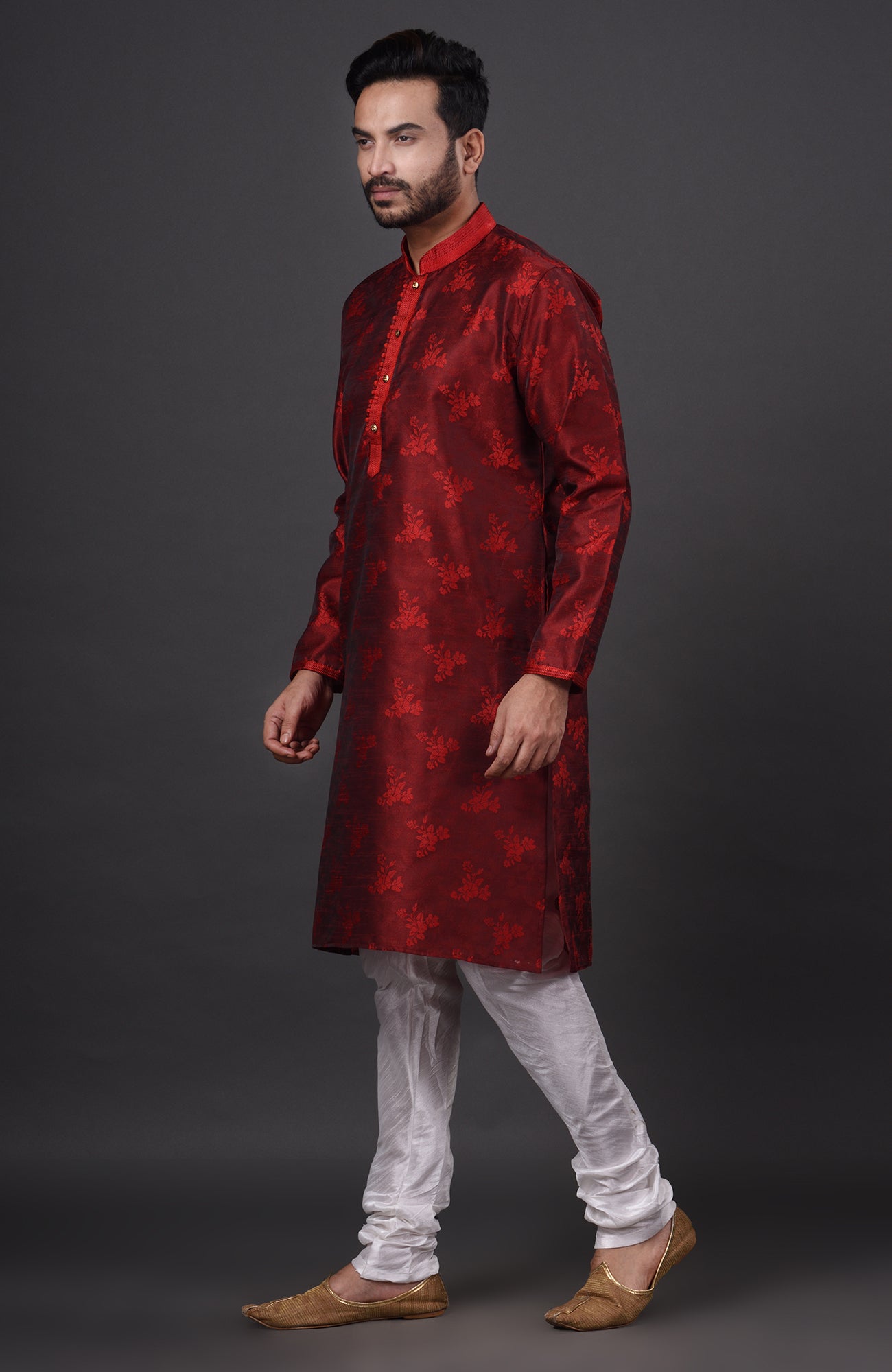 HAMSAFAR Men’s Dark Red Polyester Party Wear Kurta