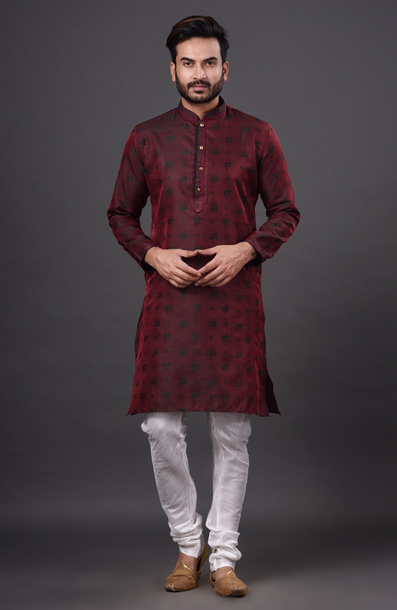 HAMSAFAR Men’s Dark Maroon Dupion Silk Party Wear Kurta