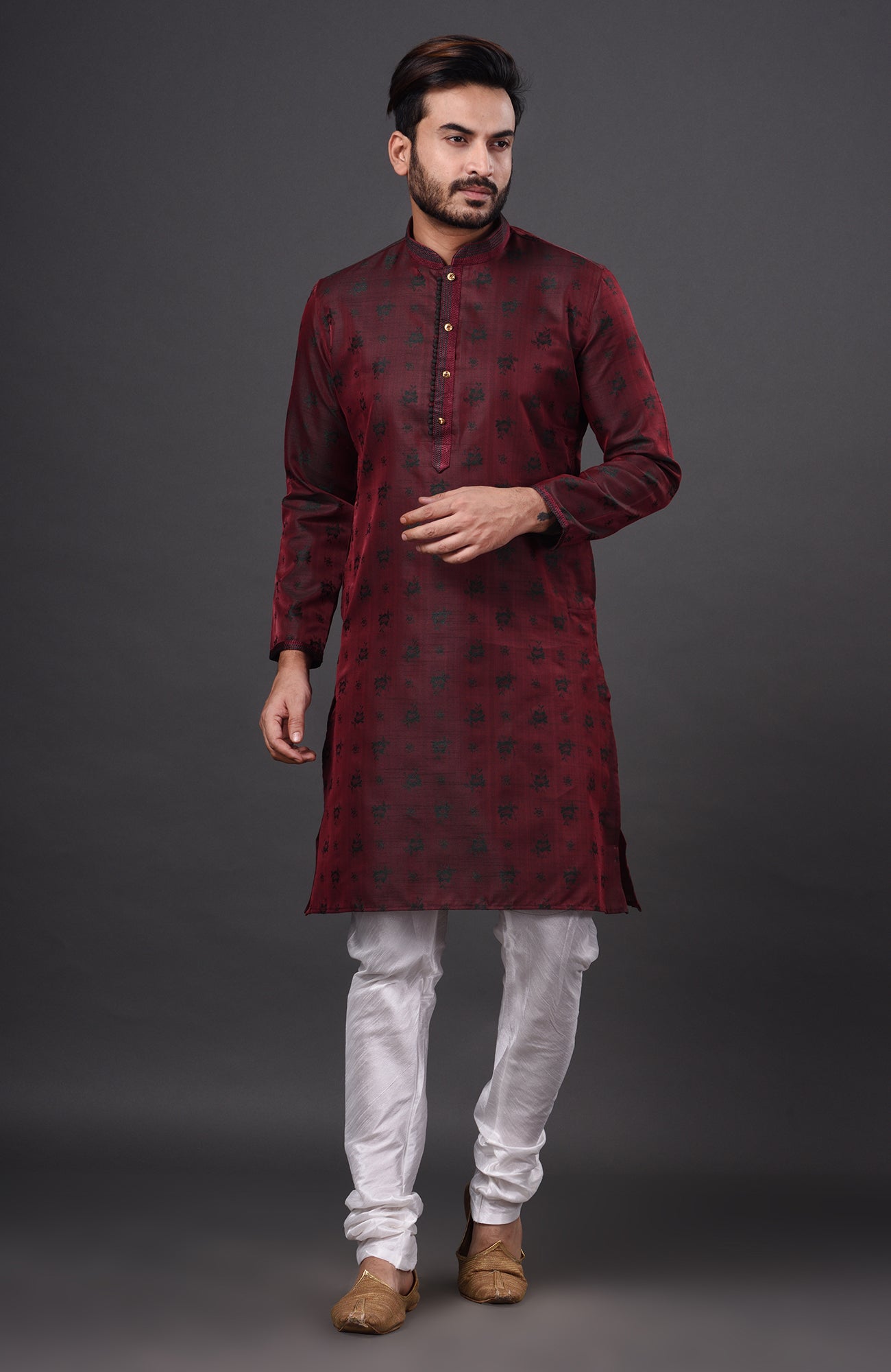 HAMSAFAR Men’s Dark Maroon Dupion Silk Party Wear Kurta