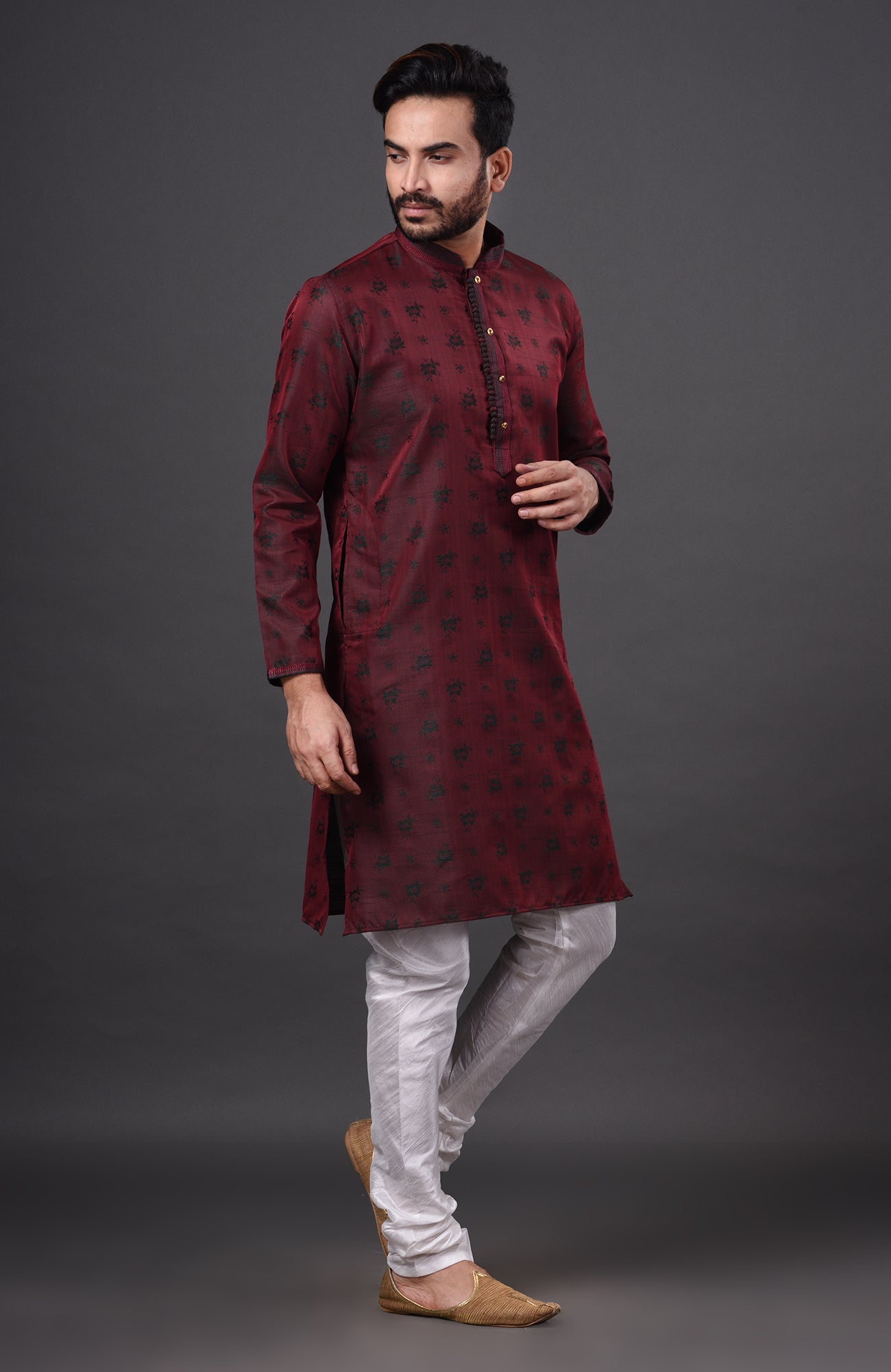 HAMSAFAR Men’s Dark Maroon Dupion Silk Party Wear Kurta