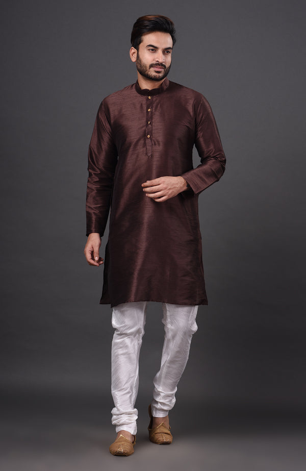 HAMSAFAR Men’s Chocolate Brown Dupion Silk Kurta