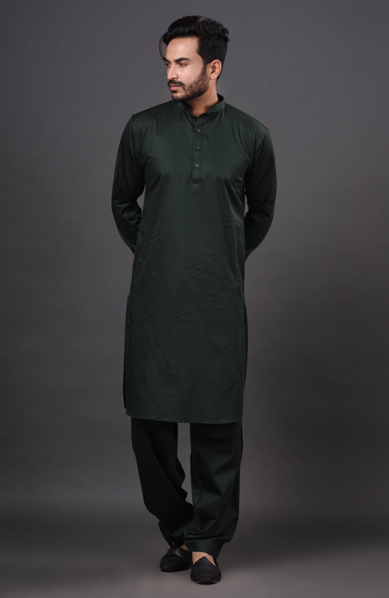 HAMSAFAR Men’s Dark Green Cotton Casual Pathani Kurta and Pyjama Set
