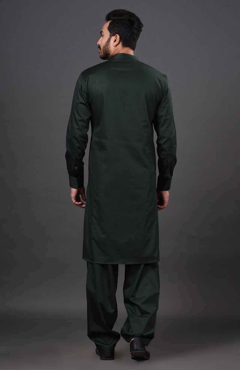 HAMSAFAR Men’s Dark Green Cotton Casual Pathani Kurta and Pyjama Set