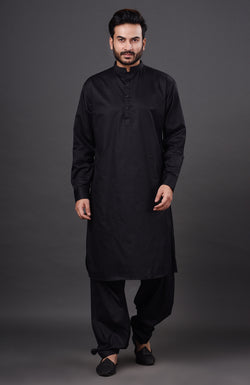 HAMSAFAR Men’s Black Cotton Casual Pathani Kurta and Pyjama Set