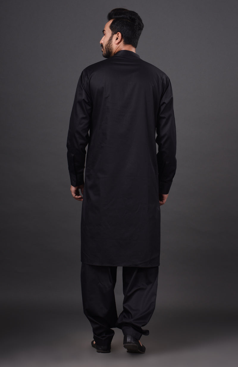 HAMSAFAR Men’s Black Cotton Casual Pathani Kurta and Pyjama Set