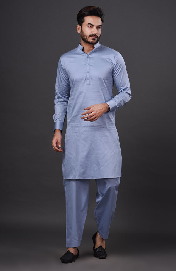 HAMSAFAR Men’s Baby Blue Cotton Casual Pathani Kurta and Pyjama Set