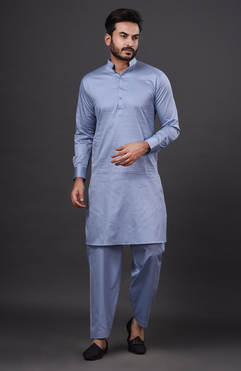 HAMSAFAR Men’s Baby Blue Cotton Casual Pathani Kurta and Pyjama Set
