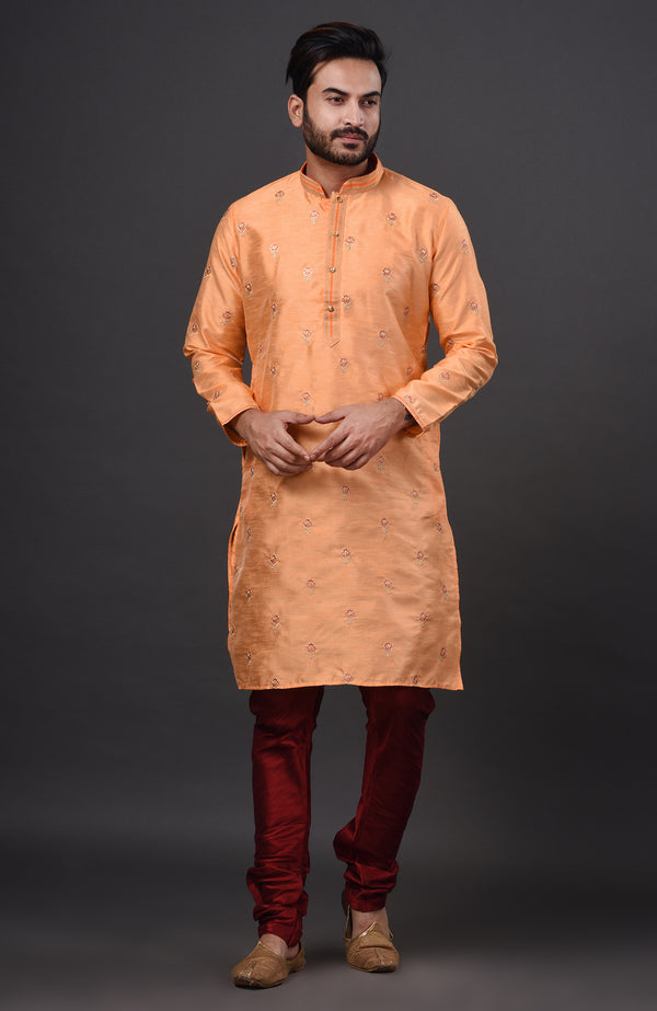 HAMSAFAR Men’s Cantaloupe Orange Dupion Silk Party Wear Kurta