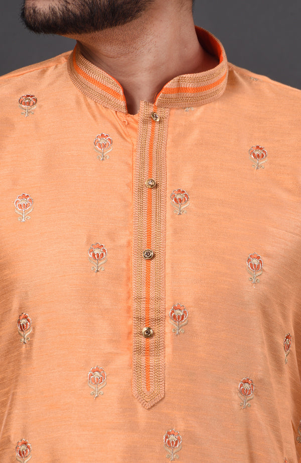 HAMSAFAR Men’s Cantaloupe Orange Dupion Silk Party Wear Kurta