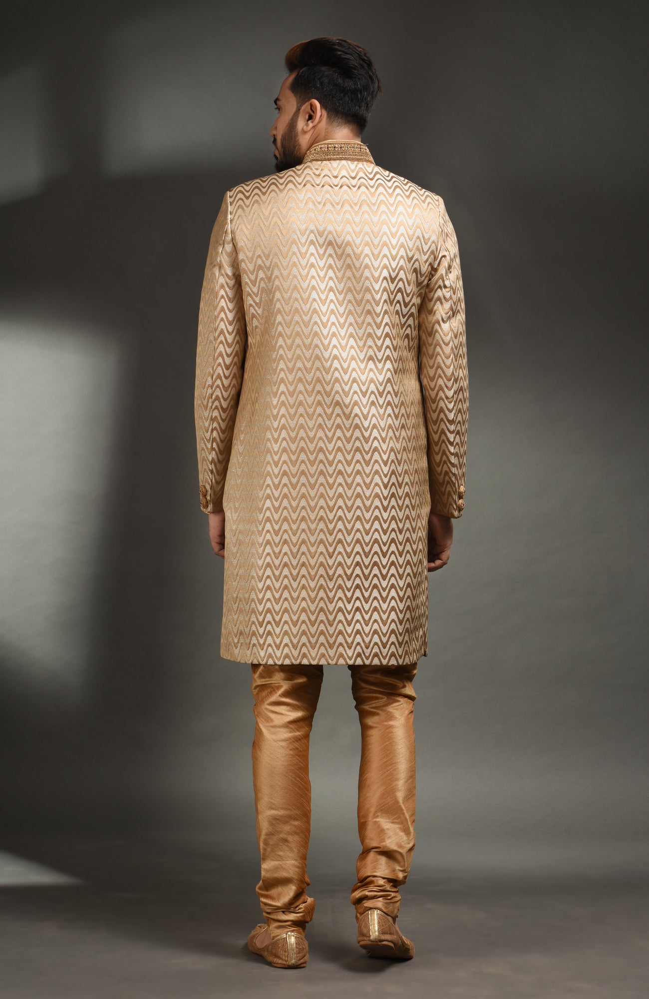 HAMSAFAR Men’s Peach Poly Viscose Sherwani