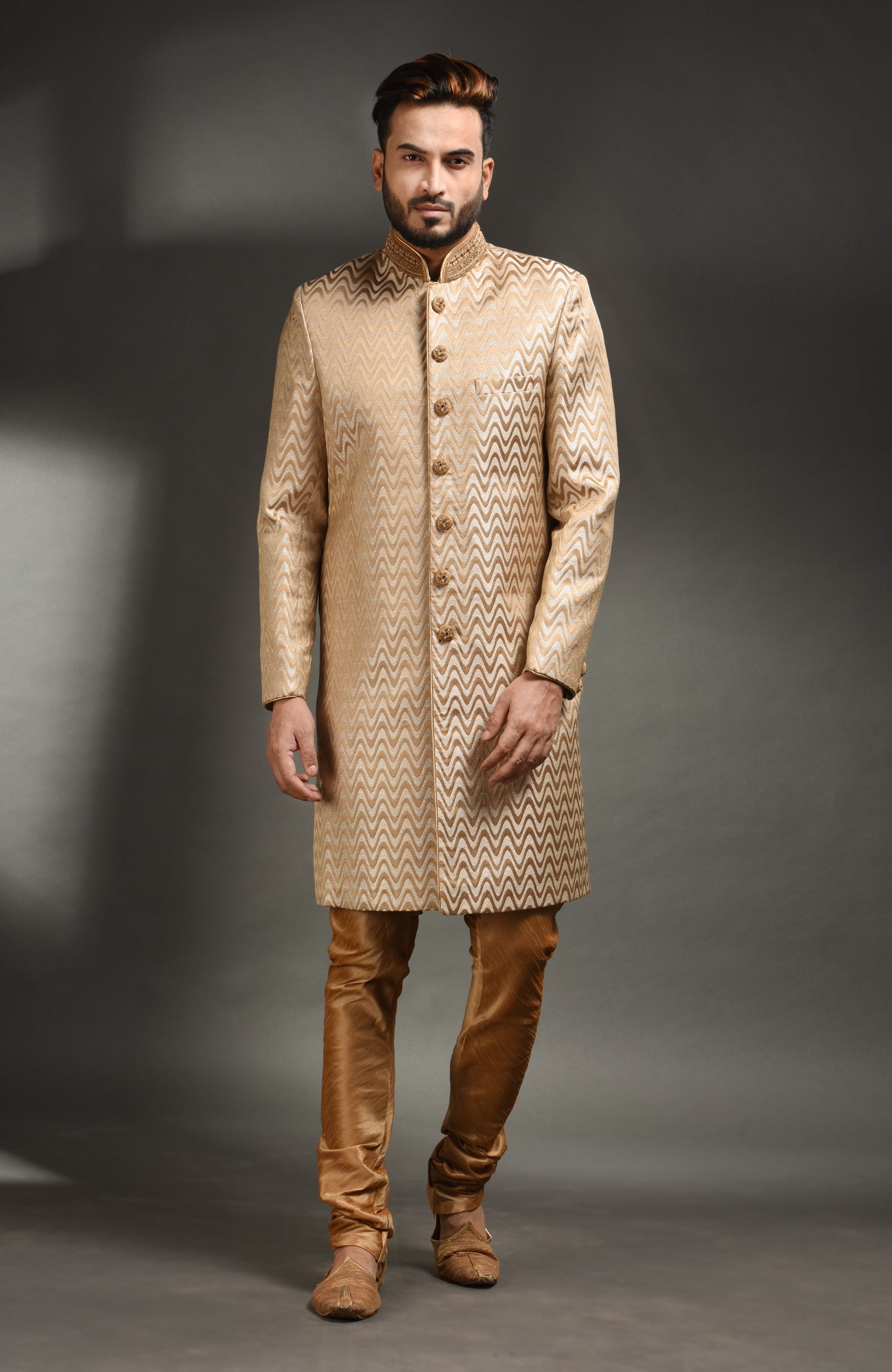 HAMSAFAR Men’s Peach Poly Viscose Sherwani