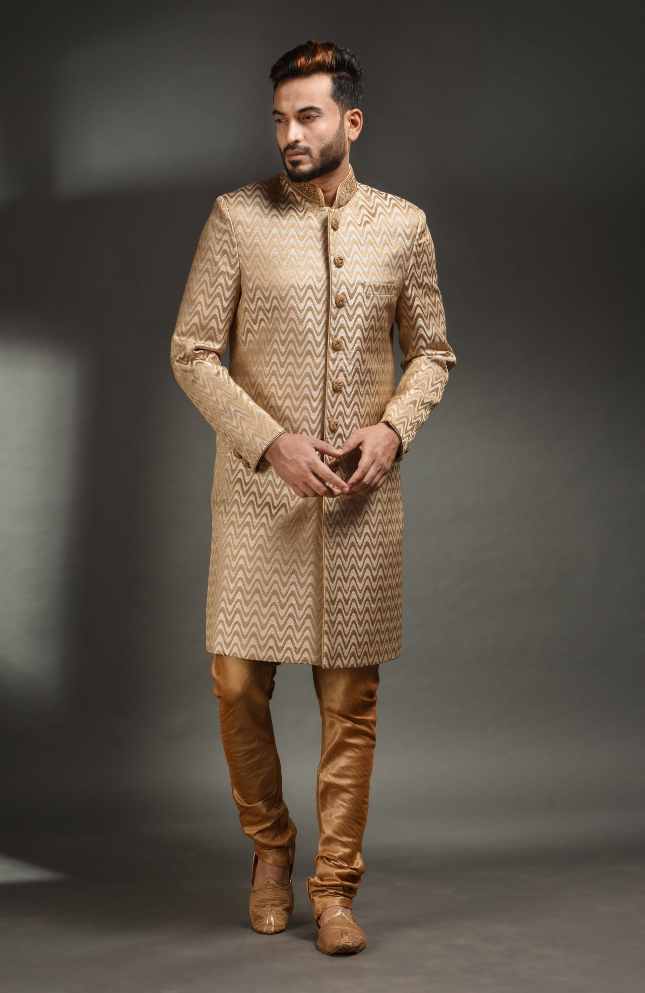 HAMSAFAR Men’s Peach Poly Viscose Sherwani