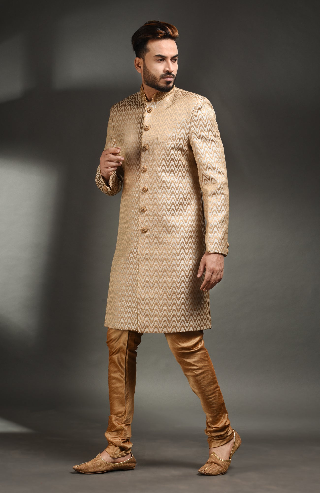 HAMSAFAR Men’s Peach Poly Viscose Sherwani