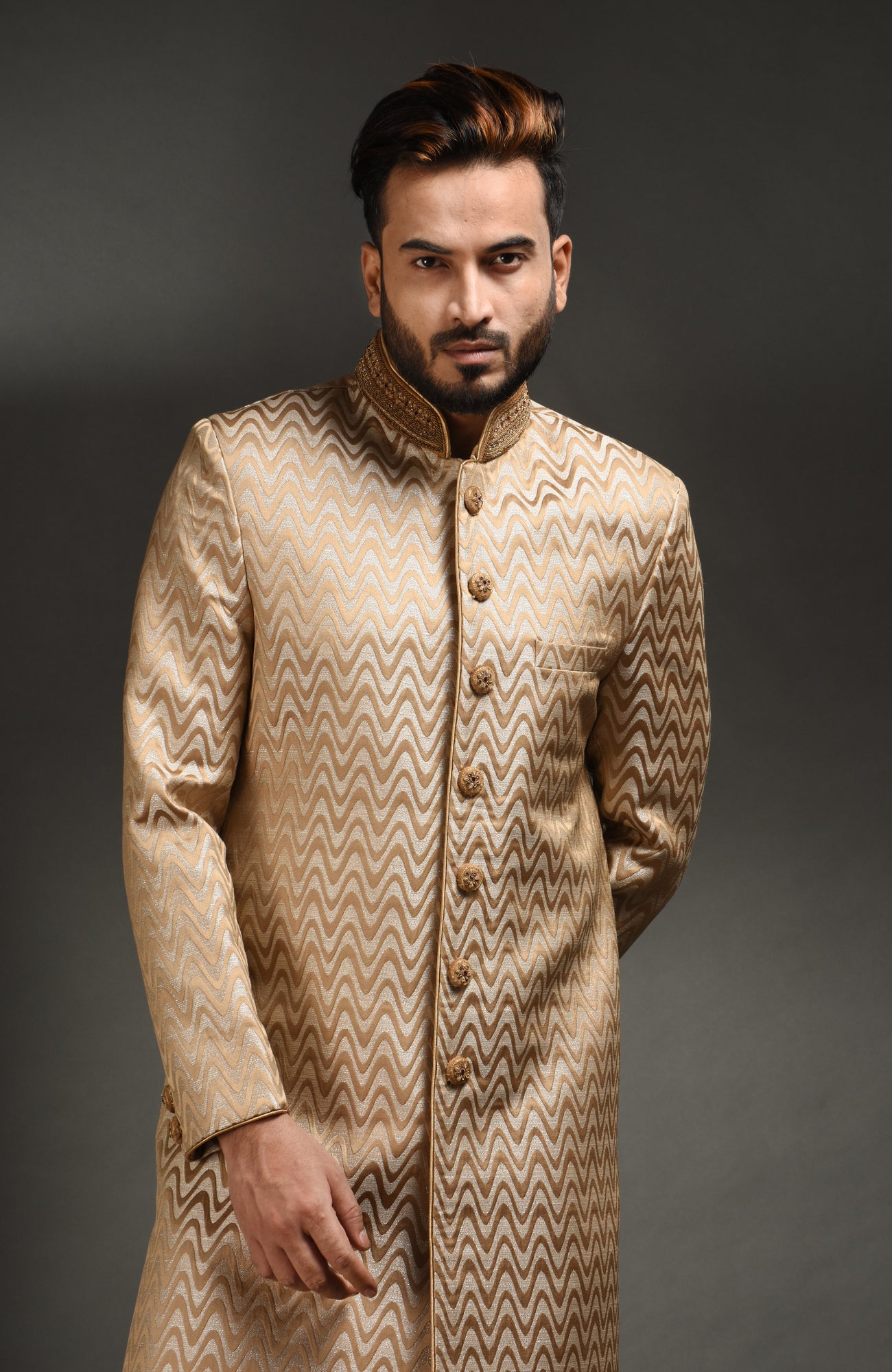 HAMSAFAR Men’s Peach Poly Viscose Sherwani