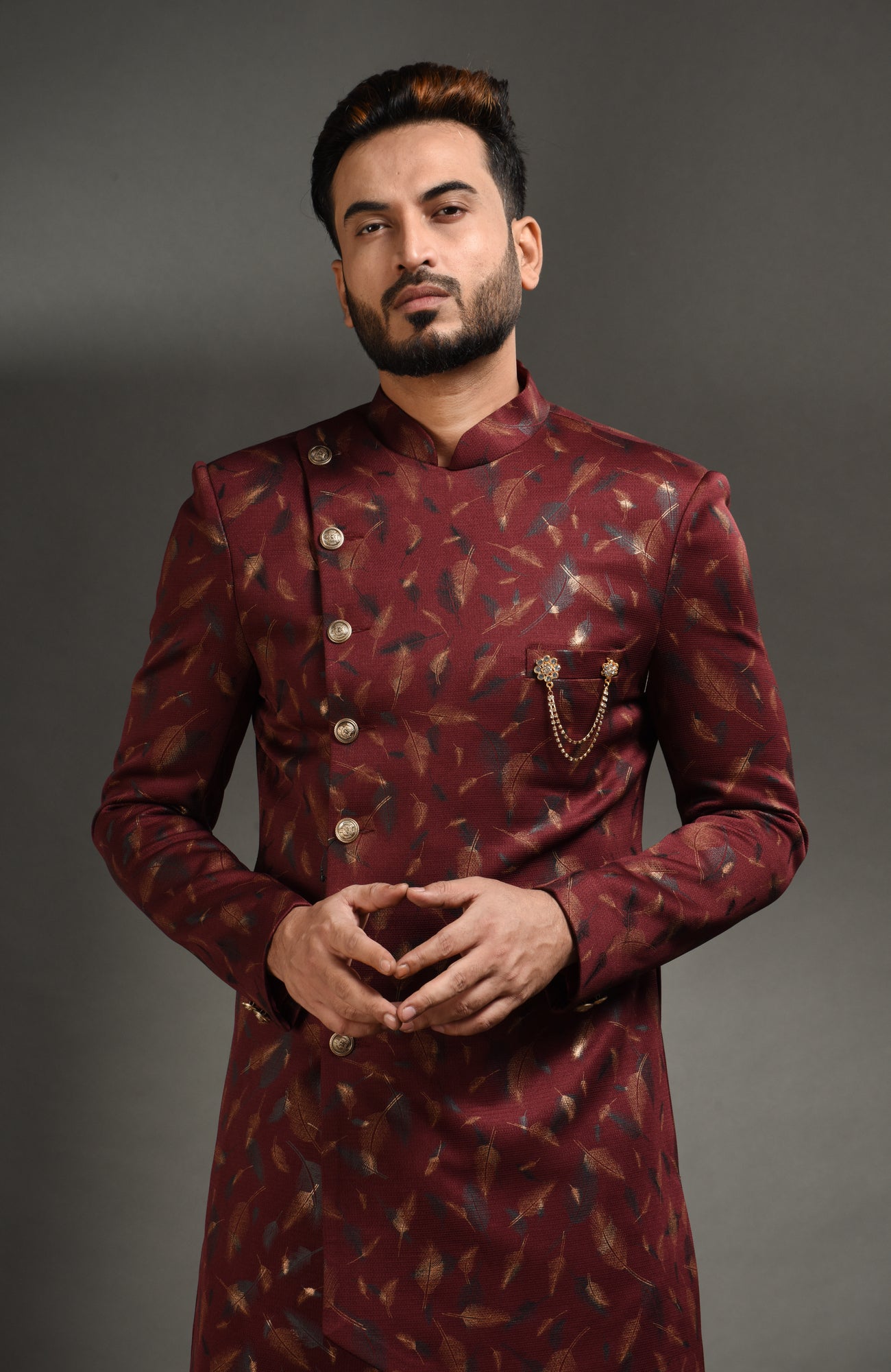 HAMSAFAR Men’s Brown Poly Viscose Sherwani