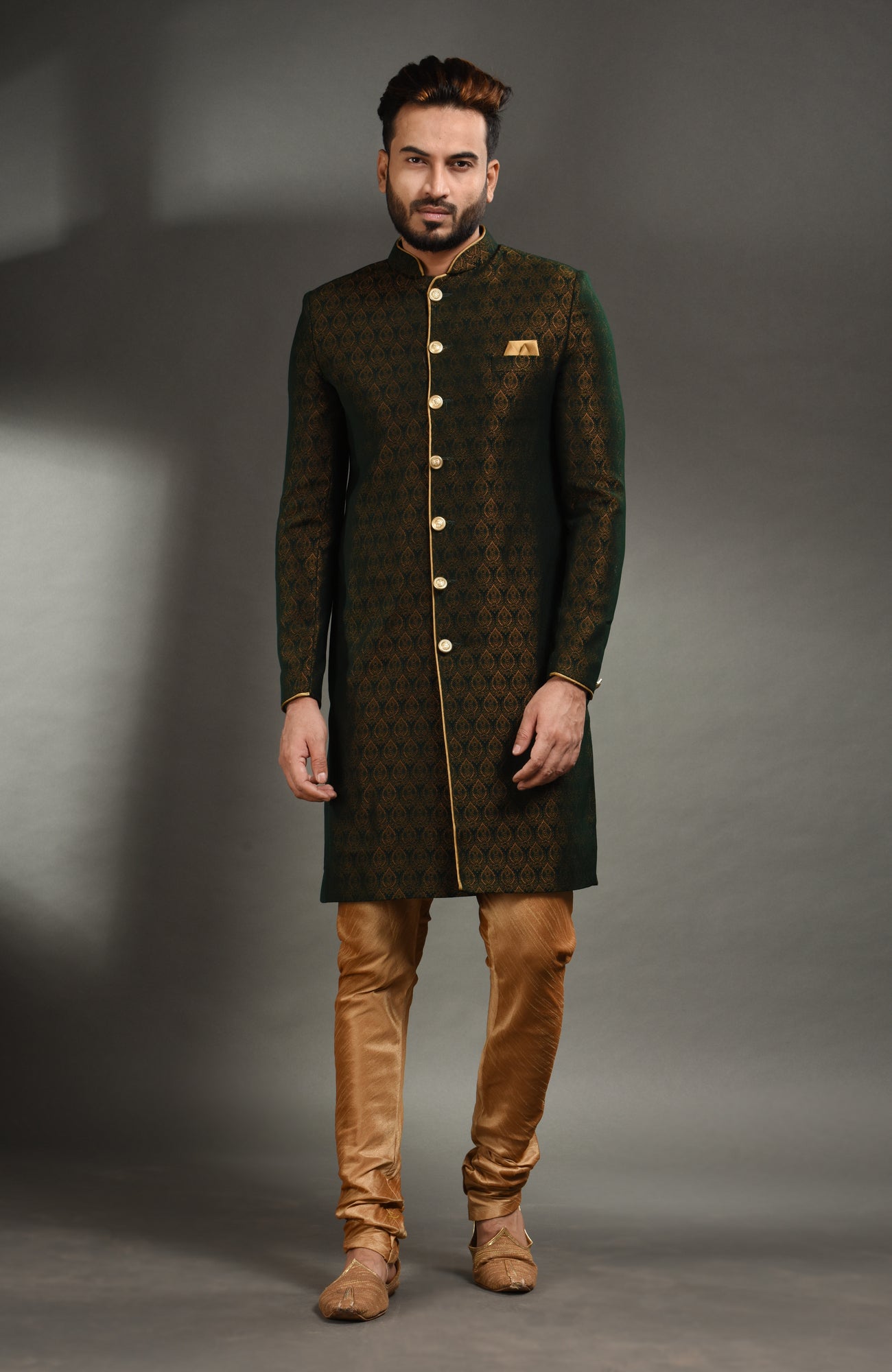 HAMSAFAR Men’s Bottle Green Poly Viscose Sherwani