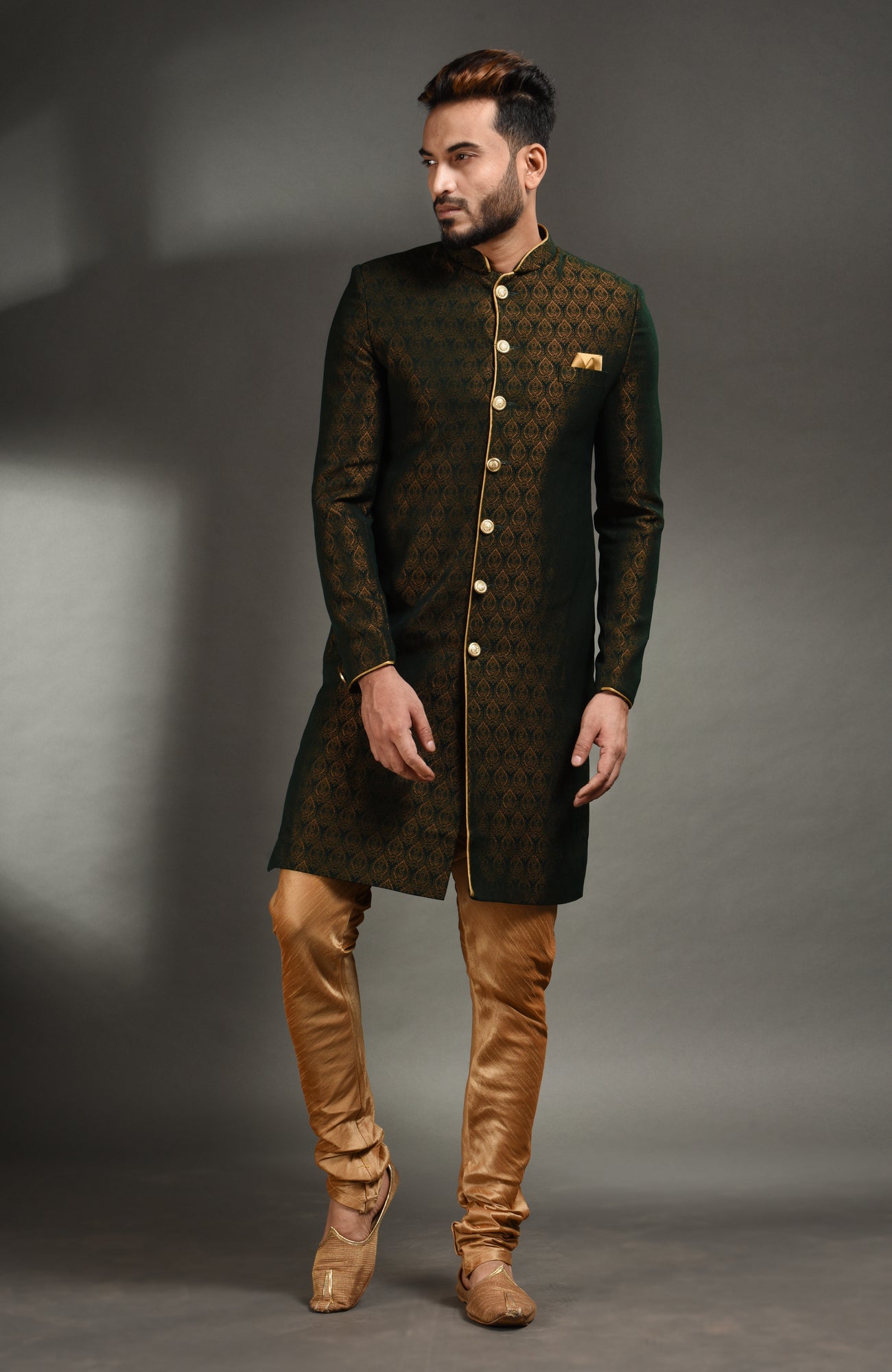 HAMSAFAR Men’s Bottle Green Poly Viscose Sherwani