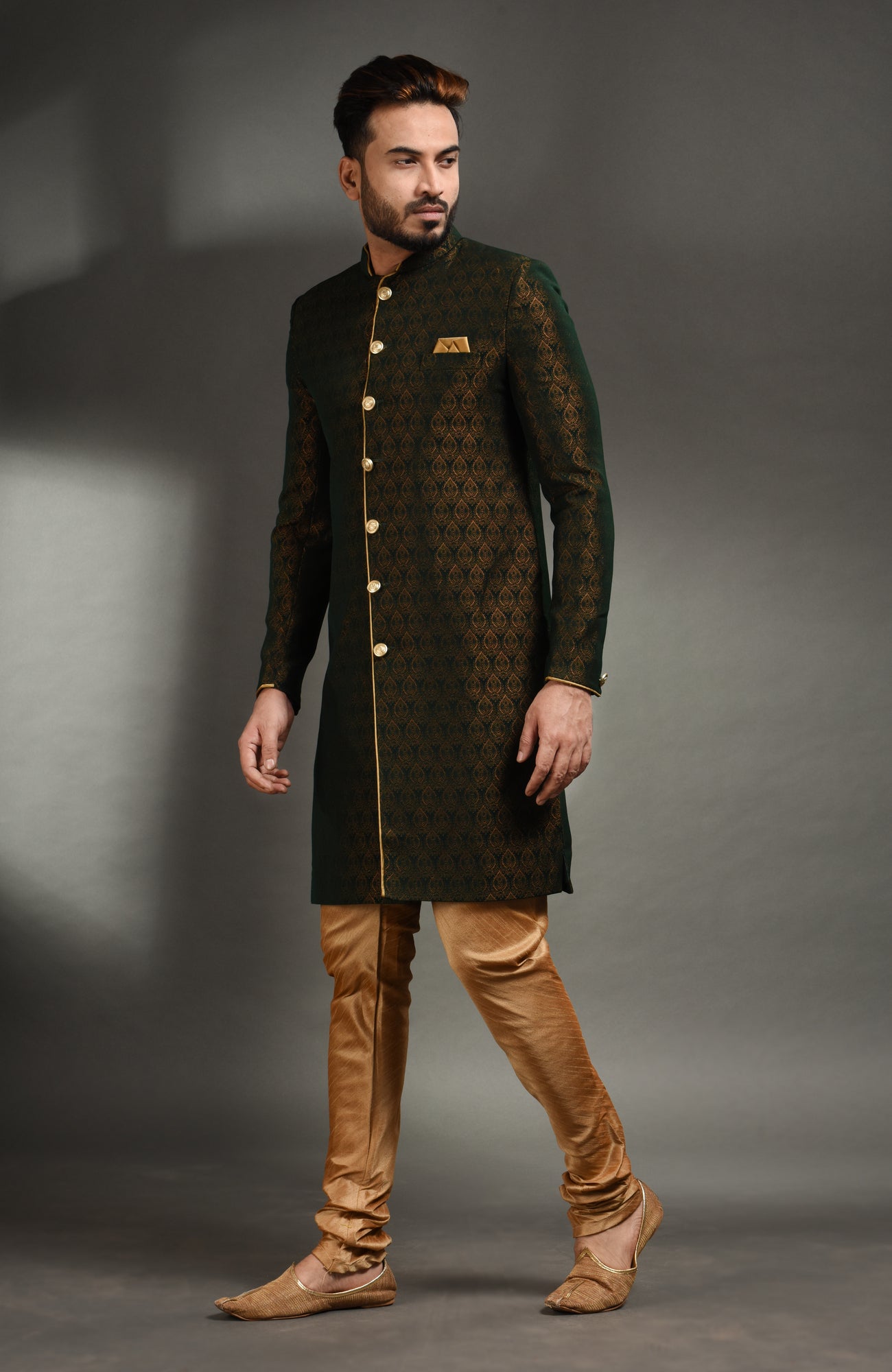 HAMSAFAR Men’s Bottle Green Poly Viscose Sherwani