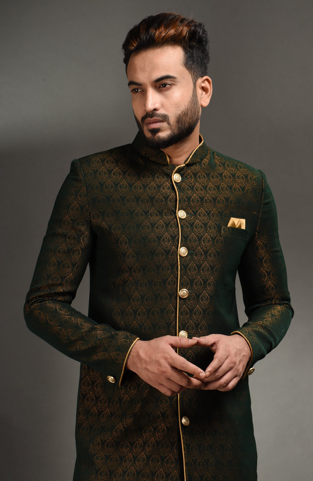 HAMSAFAR Men’s Bottle Green Poly Viscose Sherwani