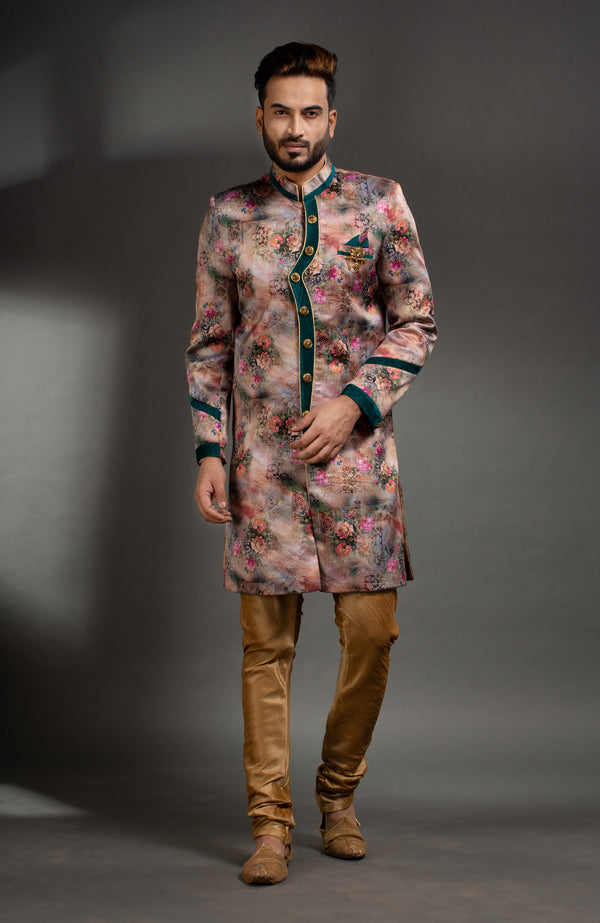 HAMSAFAR Men’s Multicolor Satin Print Sherwani