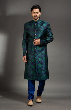 HAMSAFAR Men’s Blue Green Poly Satin Jacquard Sherwani