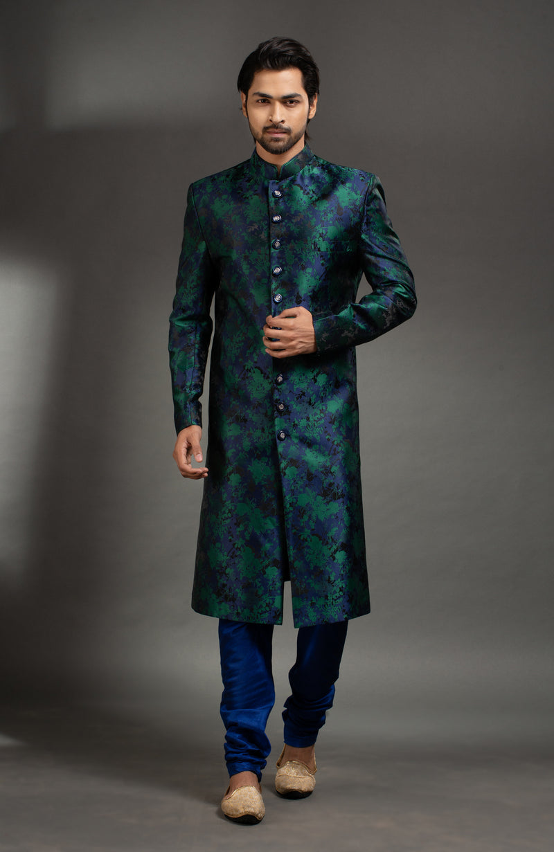 HAMSAFAR Men’s Blue Green Poly Satin Jacquard Sherwani