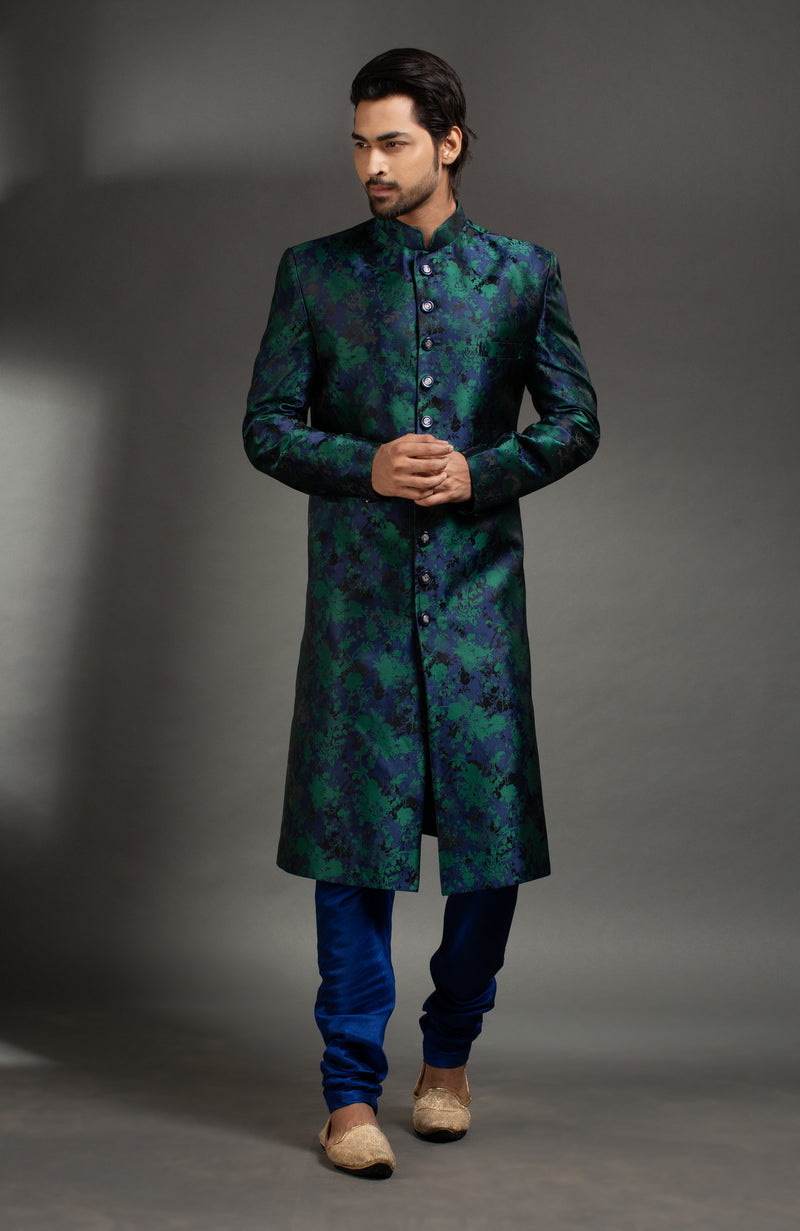 HAMSAFAR Men’s Blue Green Poly Satin Jacquard Sherwani