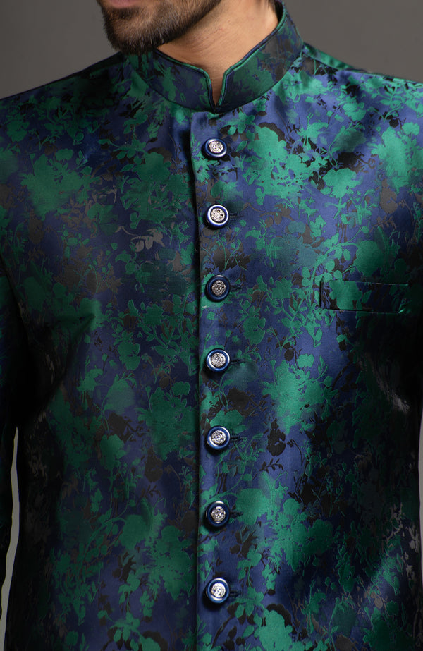 HAMSAFAR Men’s Blue Green Poly Satin Jacquard Sherwani