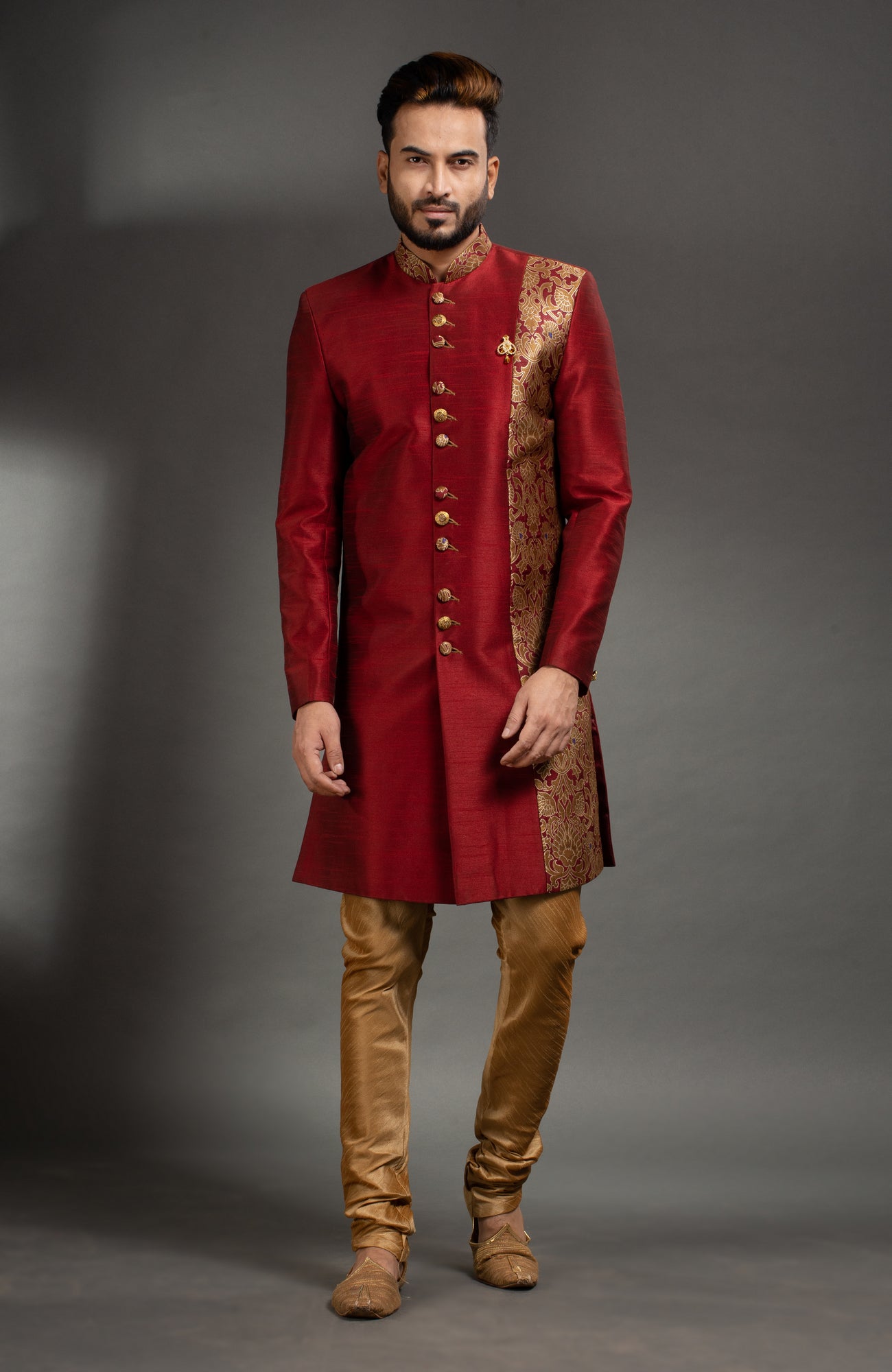 HAMSAFAR Men’s Maroon Red-Golden Poly Dupian Sherwani