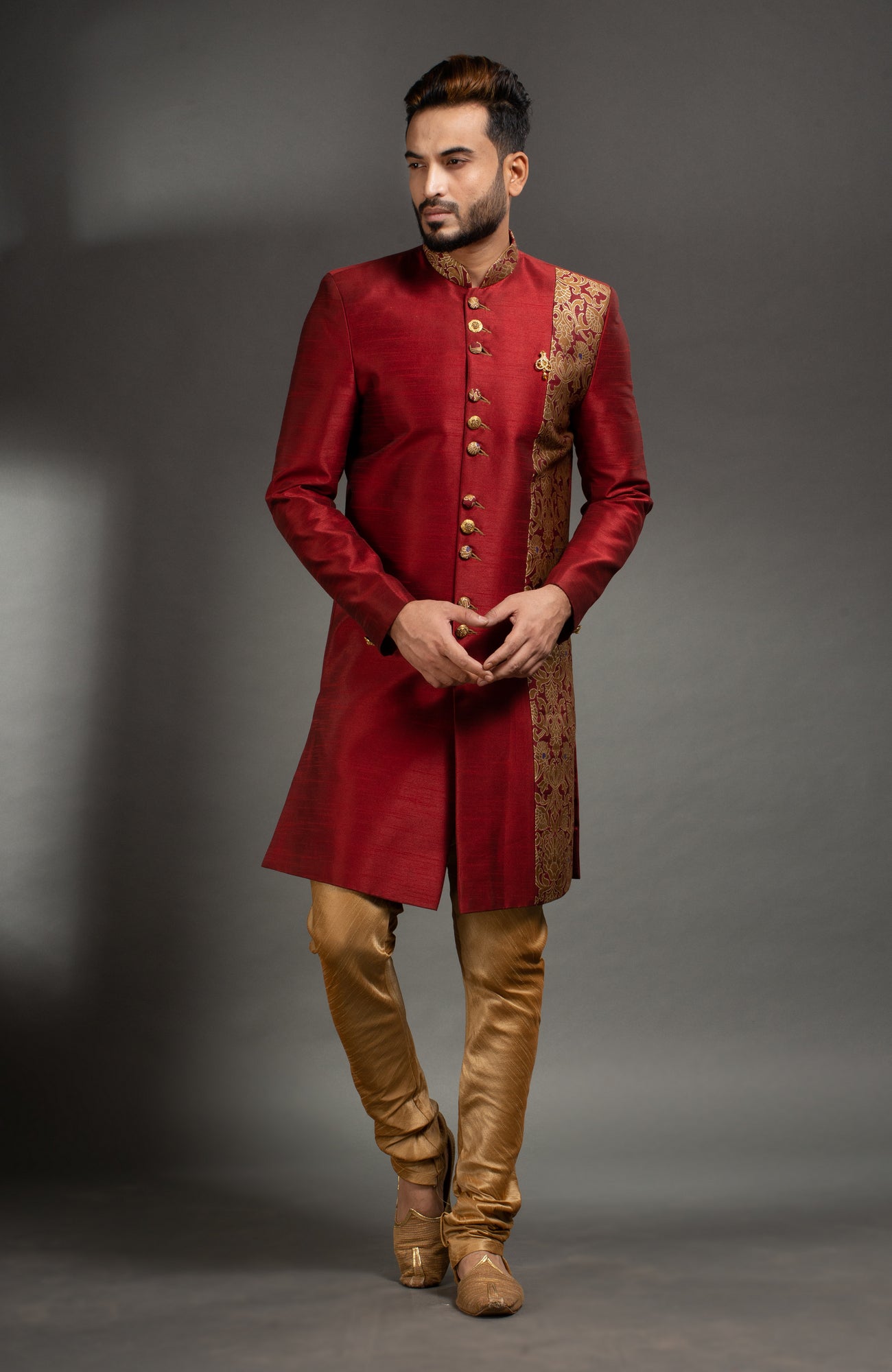 HAMSAFAR Men’s Maroon Red-Golden Poly Dupian Sherwani