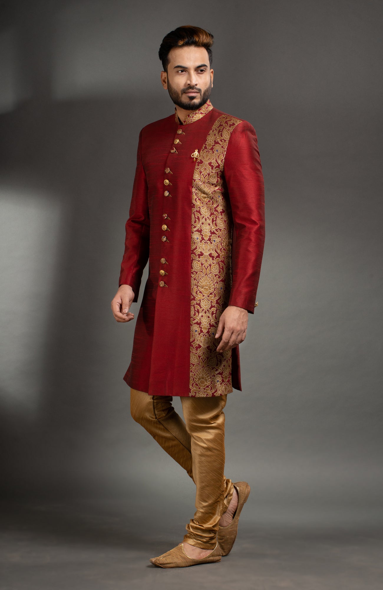 HAMSAFAR Men’s Maroon Red-Golden Poly Dupian Sherwani