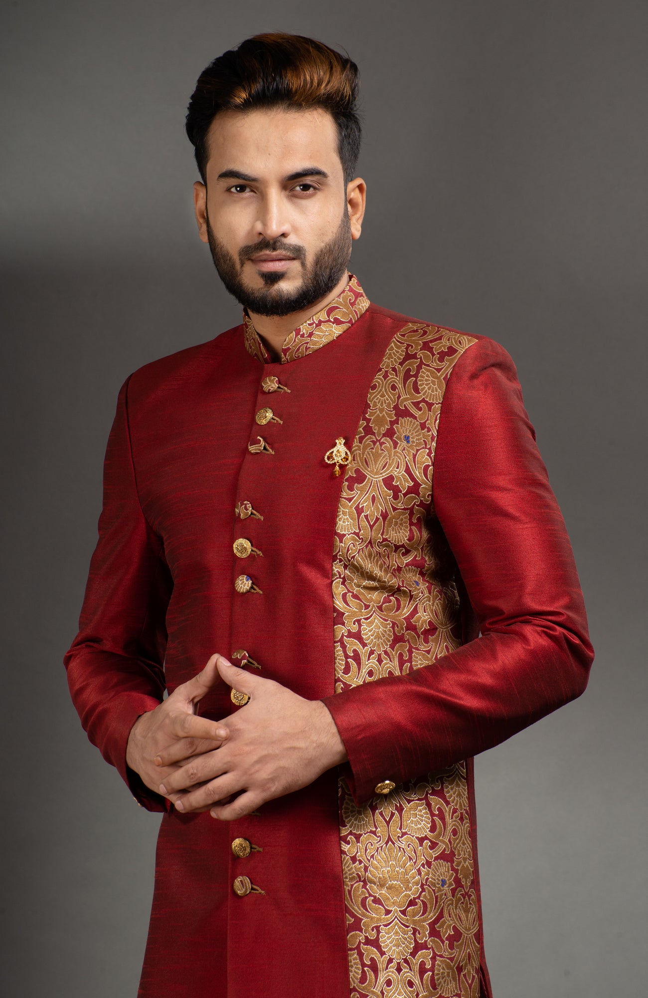 HAMSAFAR Men’s Maroon Red-Golden Poly Dupian Sherwani