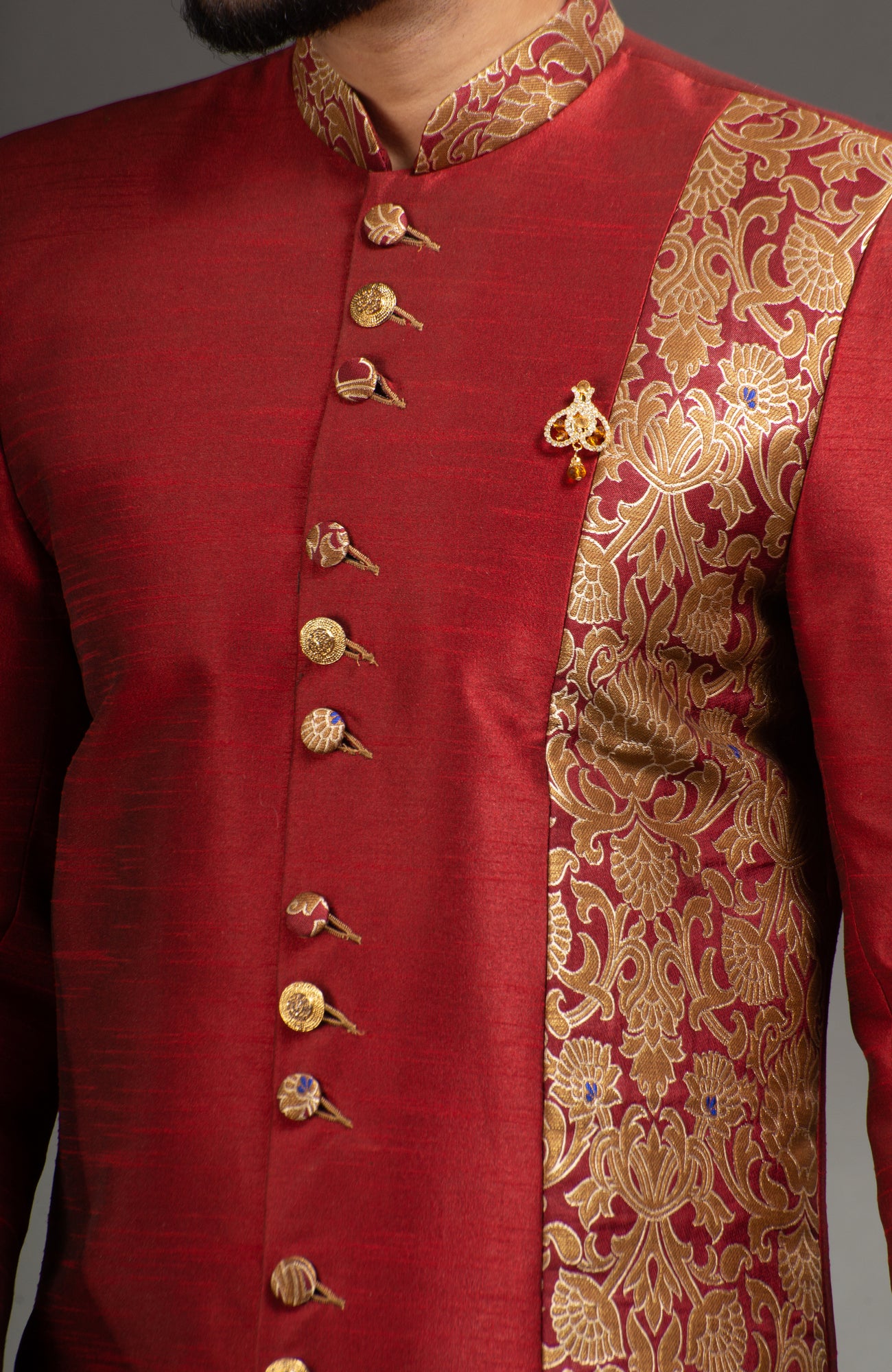 HAMSAFAR Men’s Maroon Red-Golden Poly Dupian Sherwani