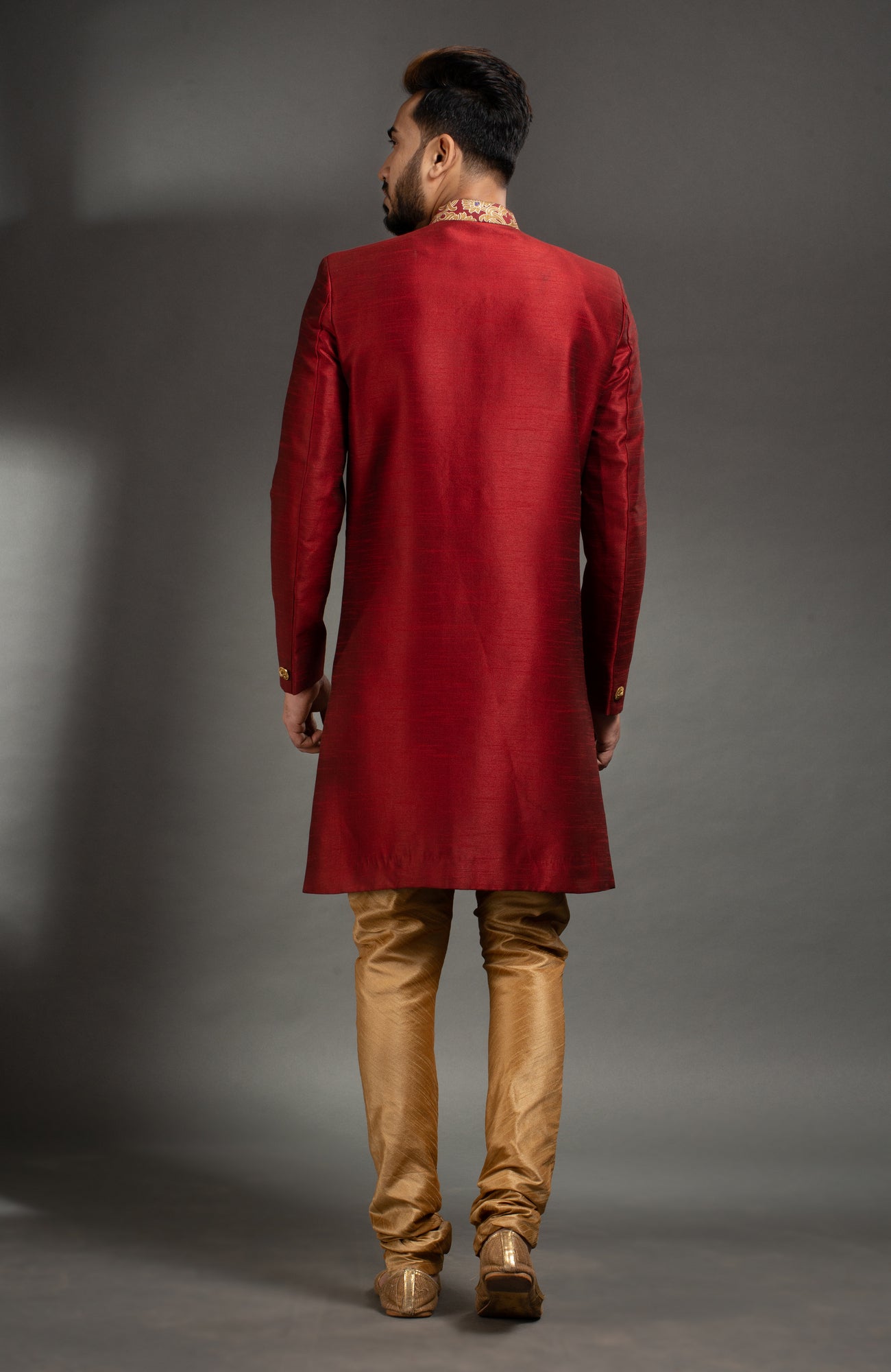 HAMSAFAR Men’s Maroon Red-Golden Poly Dupian Sherwani